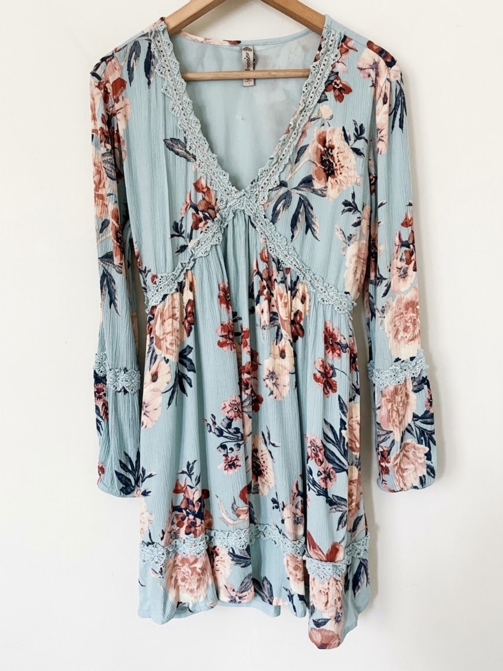 American Rag Babydoll Floral Lace Trim V-Neck Mini Dress Blue Pink XL